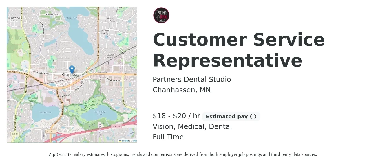 Partners Dental Studio job posting for a Customer Service Representative in Chanhassen, MN with a salary of $19 to $21 Hourly and benefits including medical, pto, retirement, vision, and dental with a map of Chanhassen location.