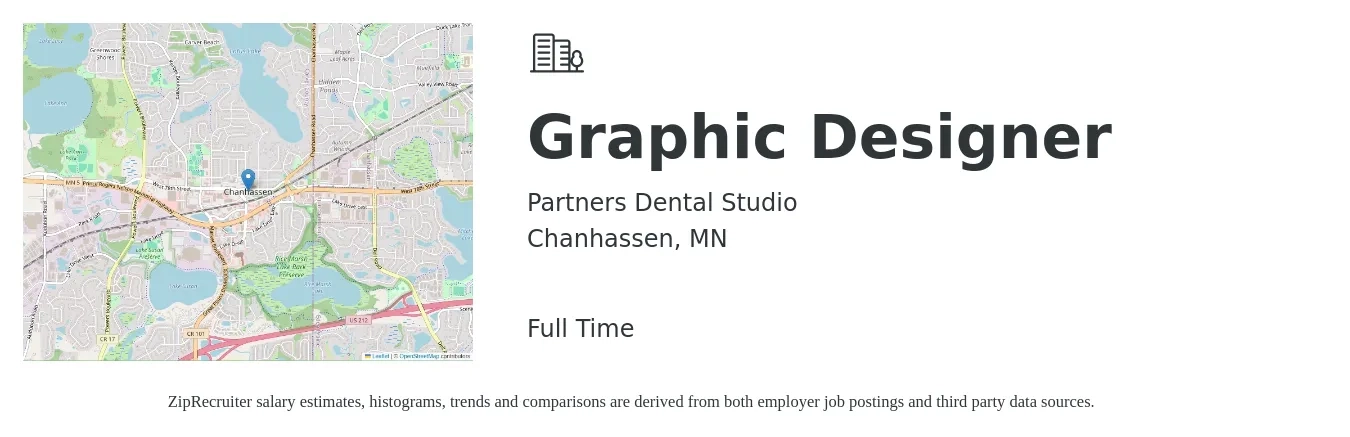 Partners Dental Studio job posting for a Graphic Designer in Chanhassen, MN with a salary of $25 to $30 Hourly with a map of Chanhassen location.