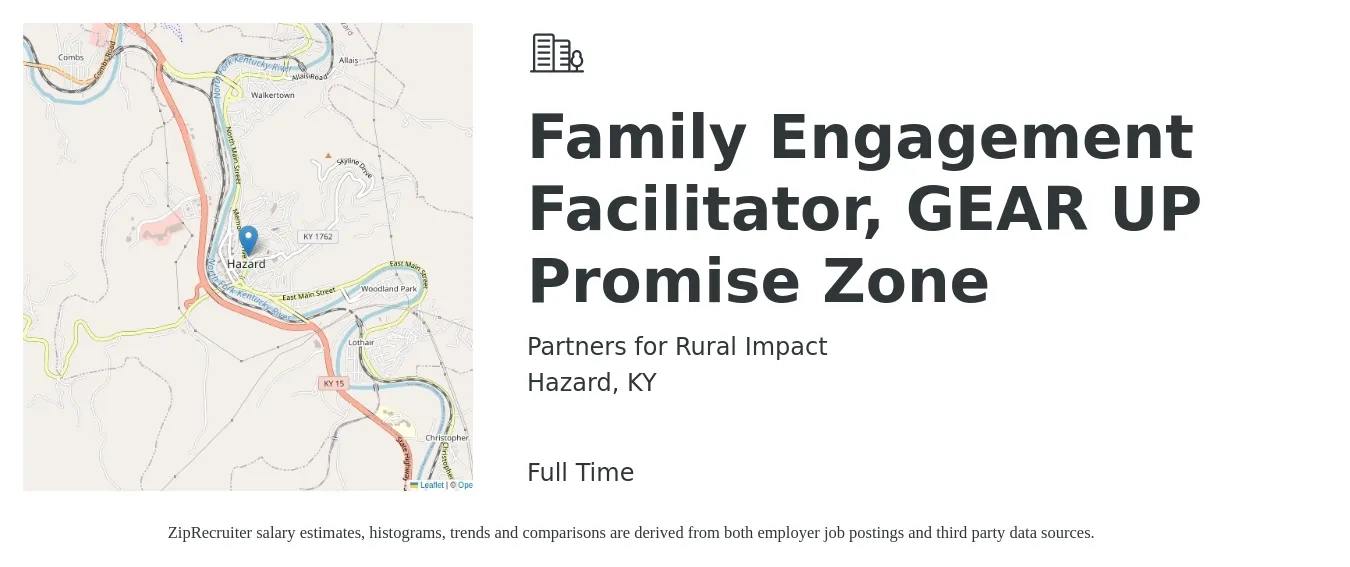 Partners for Rural Impact job posting for a Family Engagement Facilitator, GEAR UP Promise Zone in Hazard, KY with a salary of $39,300 to $46,100 Yearly with a map of Hazard location.