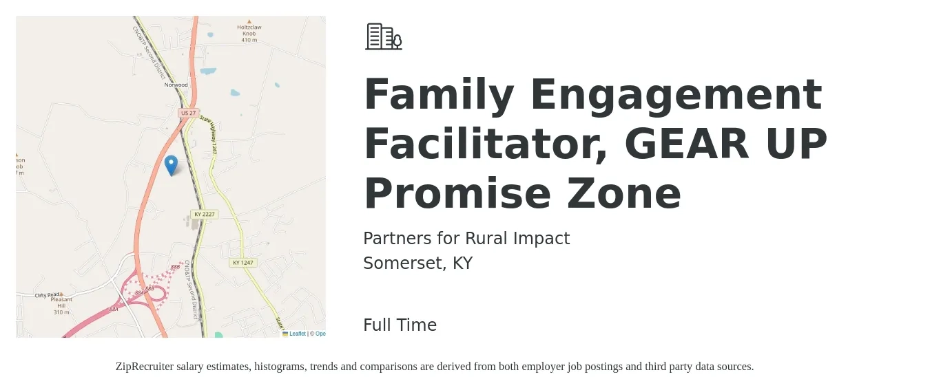 Partners for Rural Impact job posting for a Family Engagement Facilitator, GEAR UP Promise Zone in Somerset, KY with a salary of $27,500 to $32,200 Yearly with a map of Somerset location.
