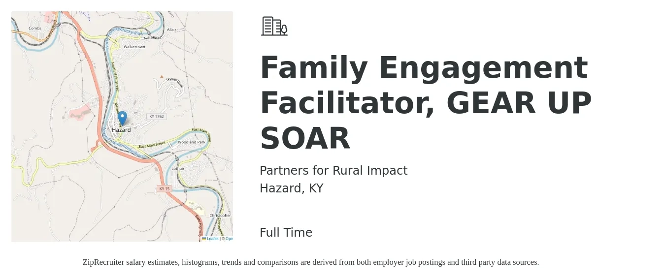 Partners for Rural Impact job posting for a Family Engagement Facilitator, GEAR UP SOAR in Hazard, KY with a salary of $39,300 to $46,100 Yearly with a map of Hazard location.