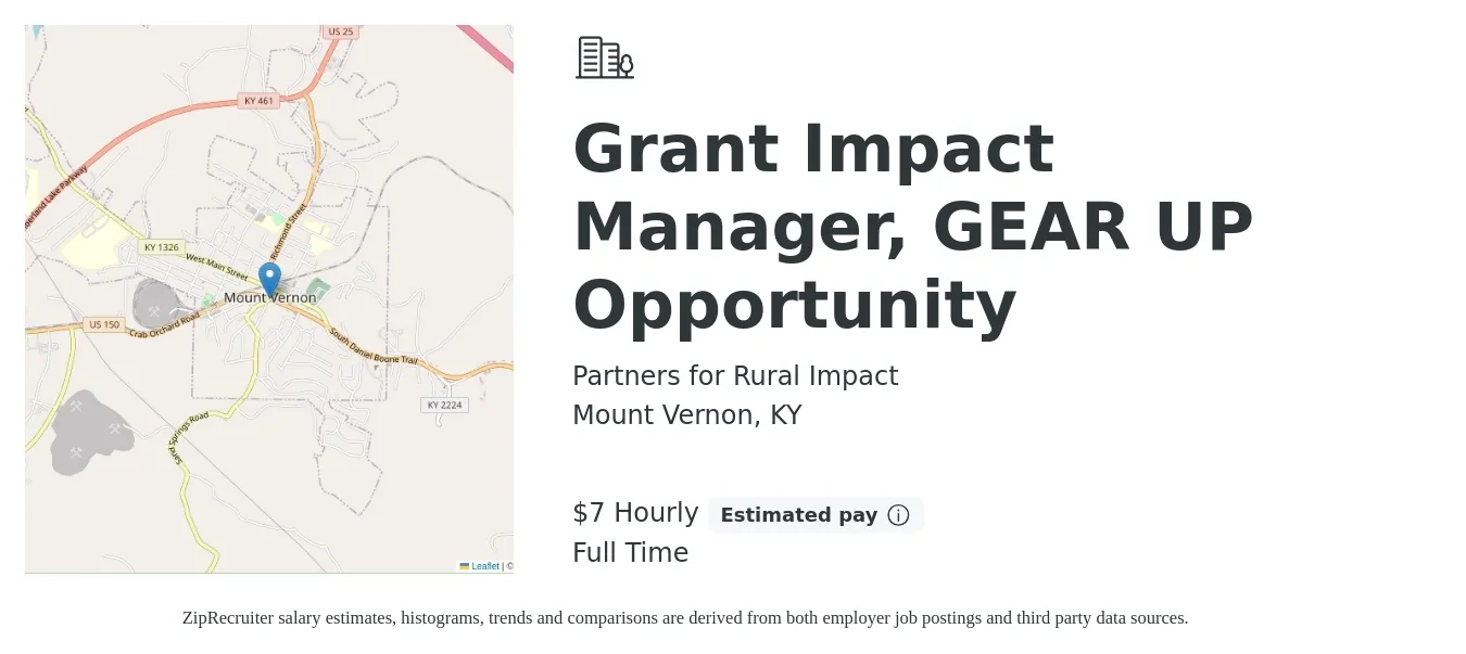 Partners for Rural Impact job posting for a Grant Impact Manager, GEAR UP Opportunity in Mount Vernon, KY with a salary of $47,400 to $65,700 Yearly with a map of Mount Vernon location.