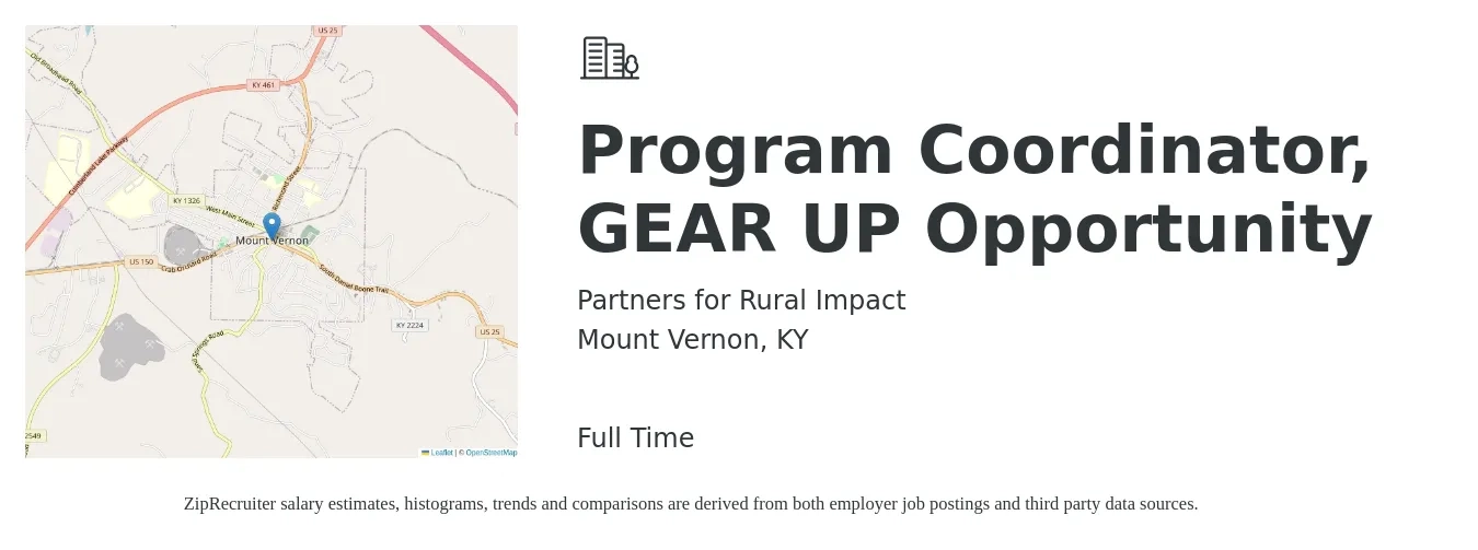 Partners for Rural Impact job posting for a Program Coordinator, GEAR UP Opportunity in Mount Vernon, KY with a salary of $32,100 to $47,400 Yearly with a map of Mount Vernon location.