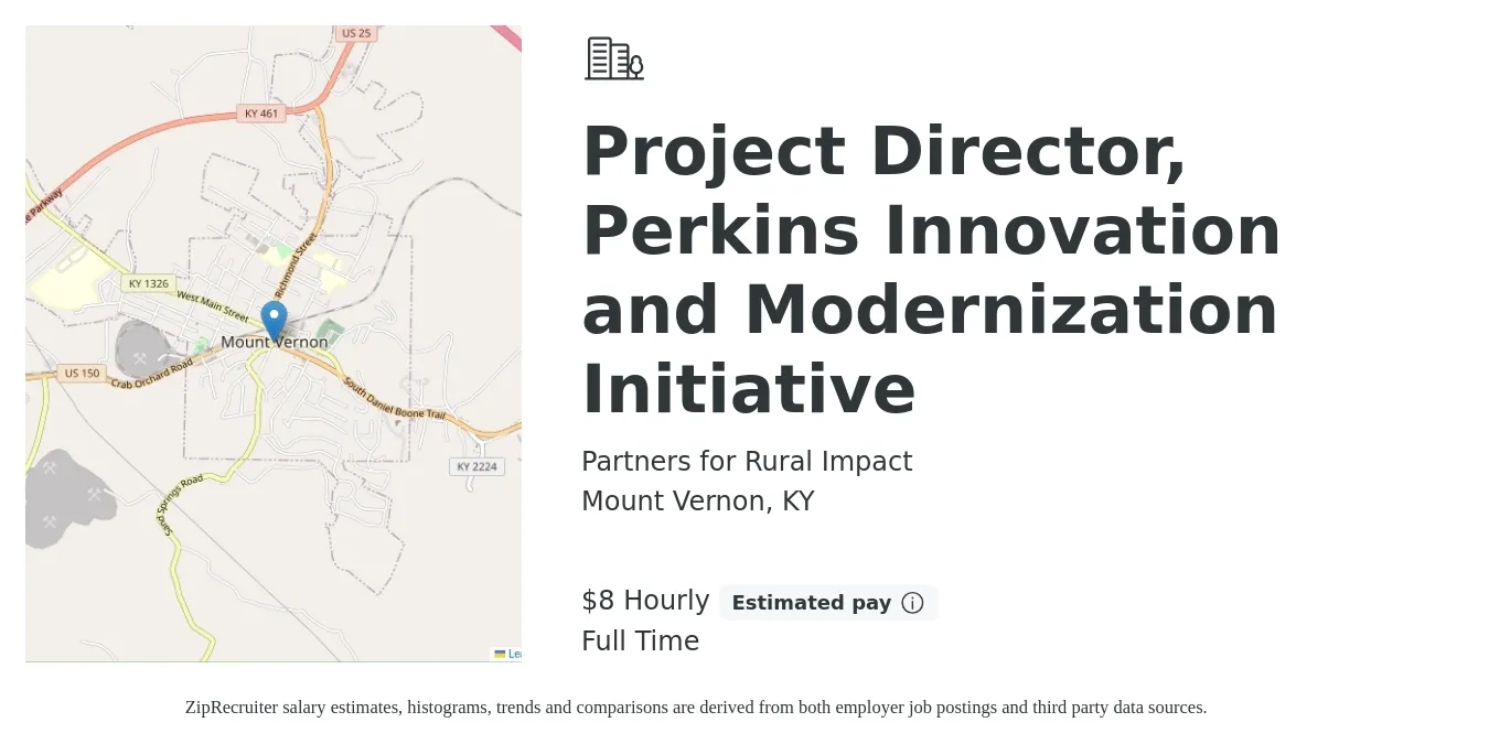 Partners for Rural Impact job posting for a Project Director, Perkins Innovation and Modernization Initiative in Mount Vernon, KY with a salary of $56,600 to $110,500 Yearly with a map of Mount Vernon location.