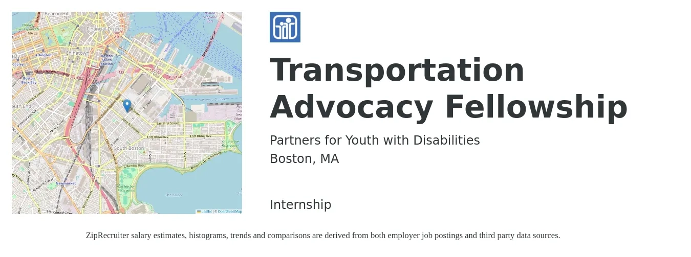 Partners for Youth with Disabilities job posting for a Transportation Advocacy Fellowship in Boston, MA with a salary of $1,500 Yearly with a map of Boston location.