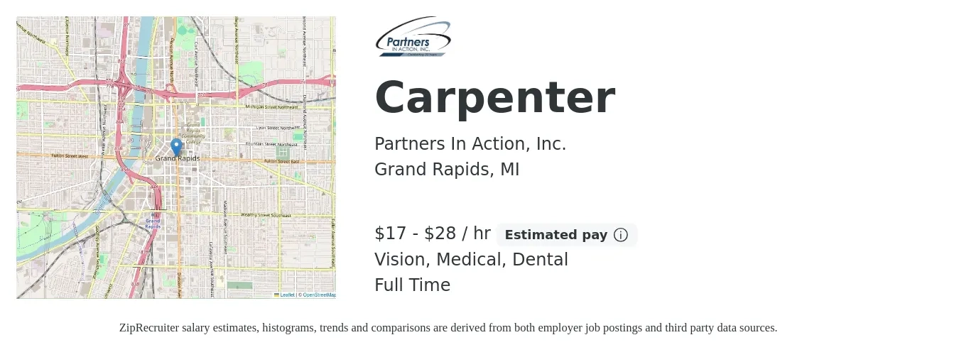 Partners In Action, Inc. job posting for a Carpenter in Grand Rapids, MI with a salary of $18 to $30 Hourly and benefits including dental, life_insurance, medical, pto, retirement, and vision with a map of Grand Rapids location.