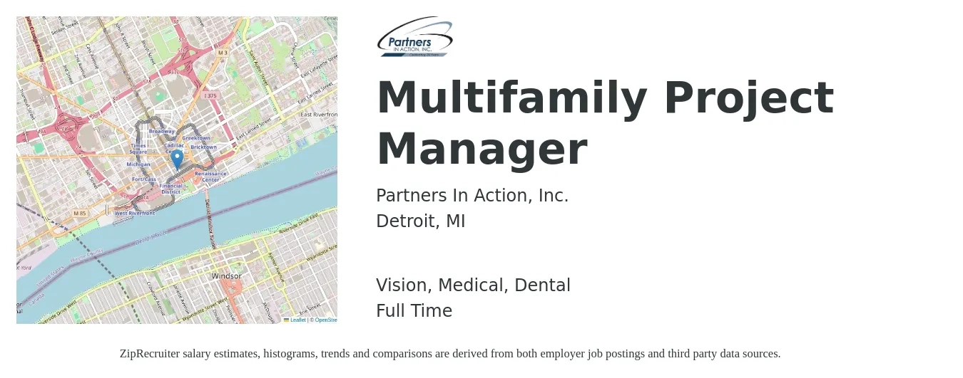 Partners In Action, Inc. job posting for a Multifamily Project Manager in Detroit, MI with a salary of $115,300 to $141,600 Yearly and benefits including retirement, vision, dental, life_insurance, medical, and pto with a map of Detroit location.