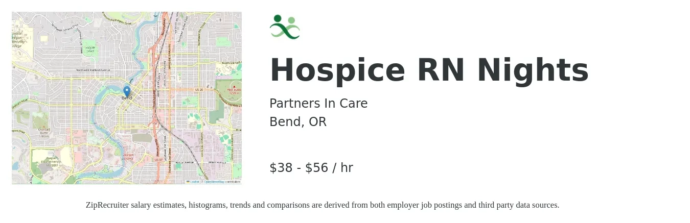 Partners In Care job posting for a Hospice RN Nights in Bend, OR with a salary of $40 to $59 Hourly with a map of Bend location.