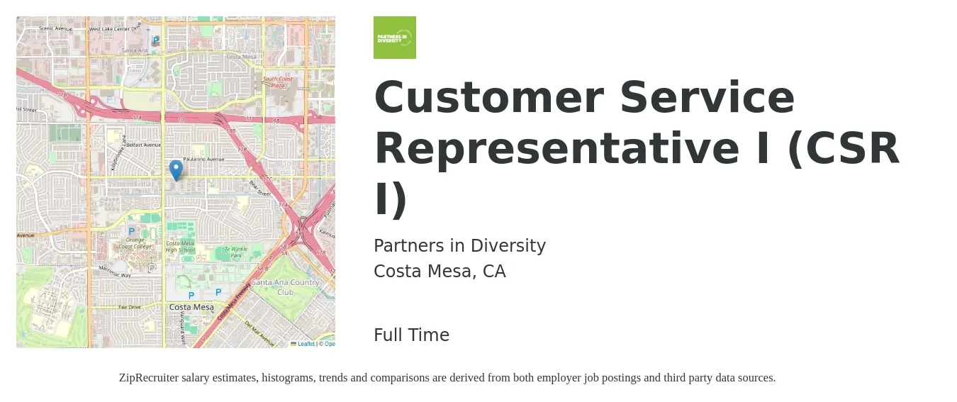 Partners in Diversity job posting for a Customer Service Representative I (CSR I) in Costa Mesa, CA with a salary of $17 to $23 Hourly with a map of Costa Mesa location.