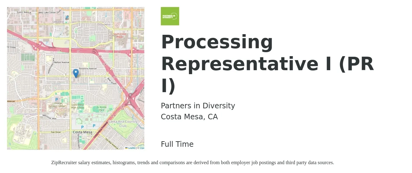 Partners in Diversity job posting for a Processing Representative I (PR I) in Costa Mesa, CA with a salary of $17 to $23 Hourly with a map of Costa Mesa location.