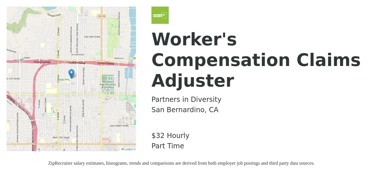 Partners in Diversity job posting for a Worker's Compensation Claims Adjuster in San Bernardino, CA with a salary of $34 Hourly with a map of San Bernardino location.