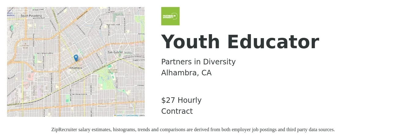 Partners in Diversity job posting for a Youth Educator in Alhambra, CA with a salary of $28 Hourly with a map of Alhambra location.