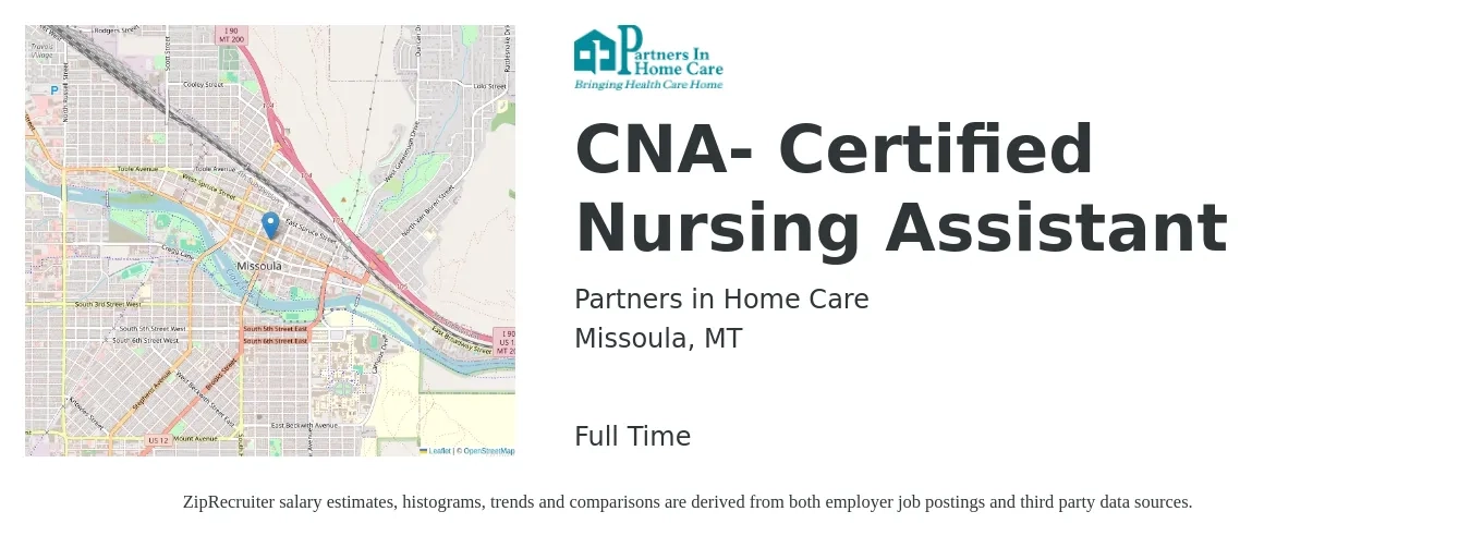 Partners in Home Care job posting for a CNA- Certified Nursing Assistant in Missoula, MT with a salary of $16 to $22 Hourly with a map of Missoula location.