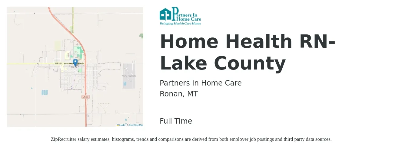 Partners in Home Care job posting for a Home Health RN- Lake County in Ronan, MT with a salary of $1,380 to $2,070 Weekly with a map of Ronan location.