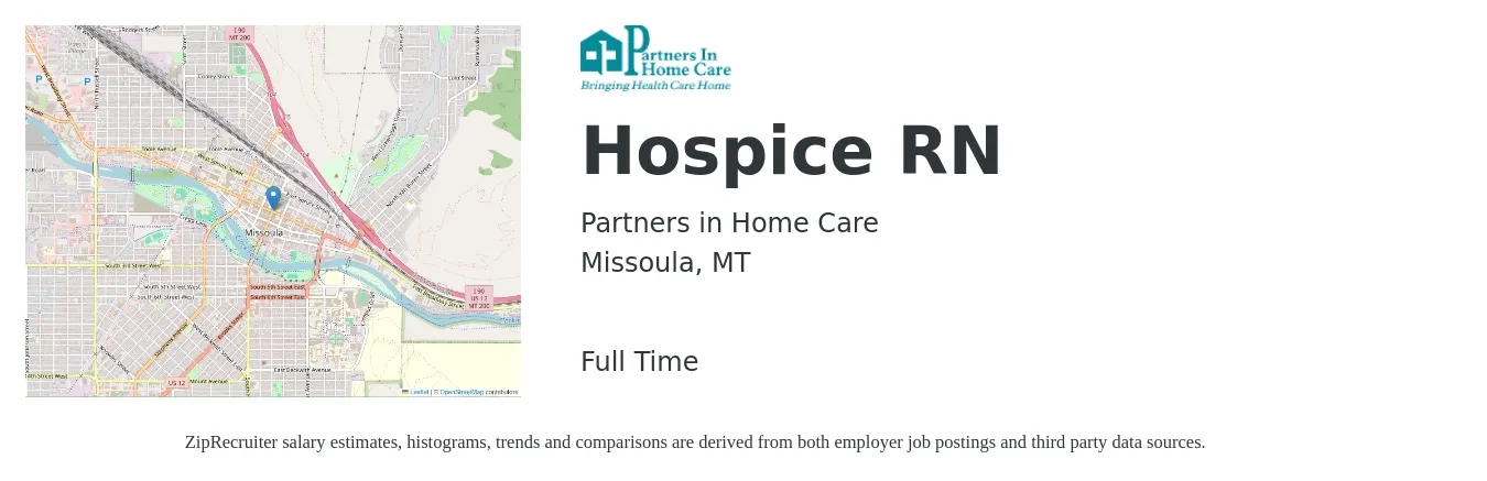 Partners in Home Care job posting for a Hospice RN in Missoula, MT with a salary of $1,450 to $2,110 Weekly with a map of Missoula location.