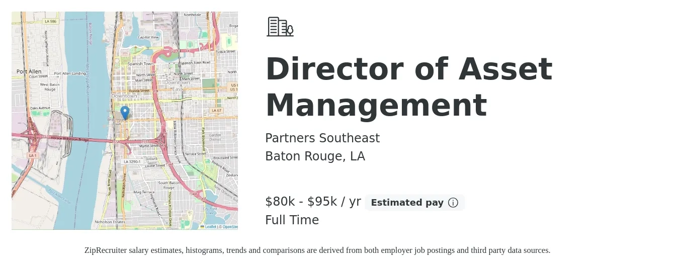 Partners Southeast job posting for a Director of Asset Management in Baton Rouge, LA with a salary of $80,000 to $95,000 Yearly with a map of Baton Rouge location.