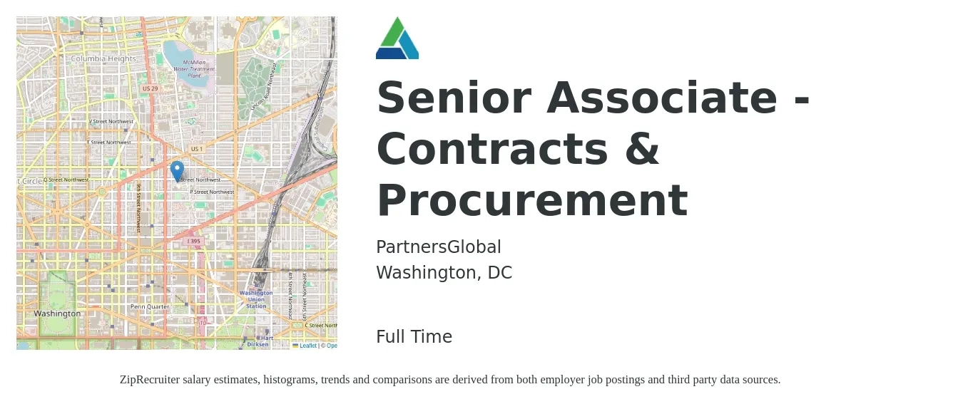 PartnersGlobal job posting for a Senior Associate - Contracts & Procurement in Washington, DC with a salary of $72,000 Yearly with a map of Washington location.