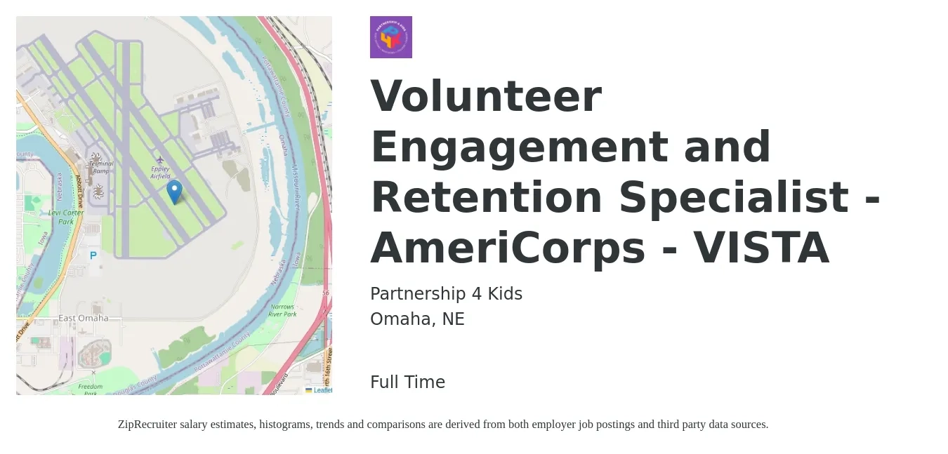 Partnership 4 Kids job posting for a Volunteer Engagement and Retention Specialist - AmeriCorps - VISTA in Omaha, NE with a salary of $7,395 Weekly with a map of Omaha location.