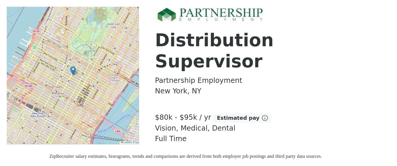 Partnership Employment job posting for a Distribution Supervisor in New York, NY with a salary of $80,000 to $95,000 Yearly and benefits including retirement, vision, dental, life_insurance, medical, and pto with a map of New York location.