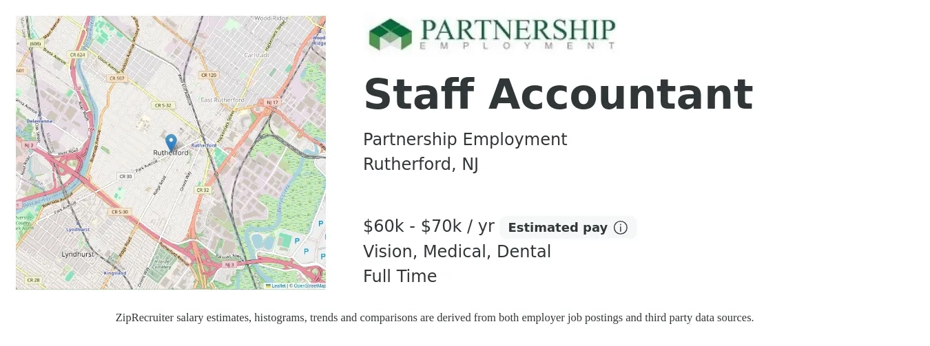 Partnership Employment job posting for a Staff Accountant in Rutherford, NJ with a salary of $60,000 to $70,000 Yearly and benefits including dental, life_insurance, medical, pto, retirement, and vision with a map of Rutherford location.