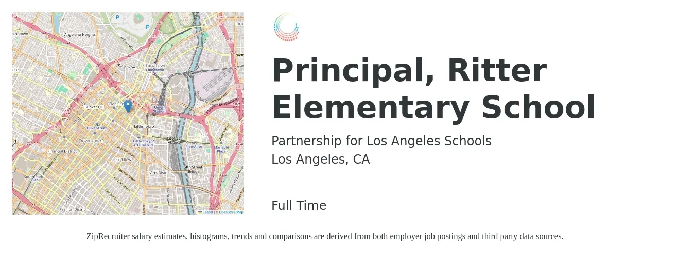 Partnership for Los Angeles Schools job posting for a Principal, Ritter Elementary School in Los Angeles, CA with a salary of $90,500 to $126,100 Yearly with a map of Los Angeles location.