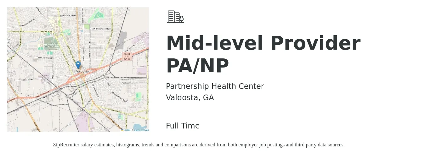 Partnership Health Center job posting for a Mid-level Provider PA/NP in Valdosta, GA with a salary of $89,200 to $115,400 Yearly with a map of Valdosta location.