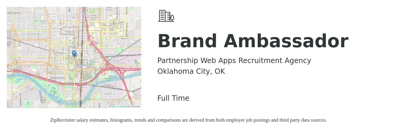 Partnership Web Apps Recruitment Agency job posting for a Brand Ambassador in Oklahoma City, OK with a salary of $16 to $22 Hourly with a map of Oklahoma City location.