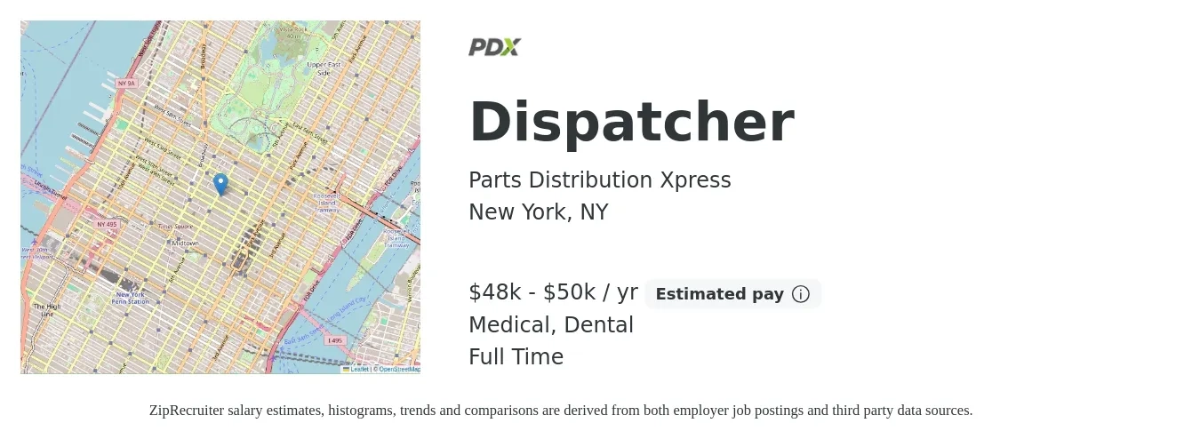 Parts Distribution Xpress job posting for a Dispatcher in New York, NY with a salary of $48,000 to $50,000 Yearly and benefits including medical, retirement, and dental with a map of New York location.