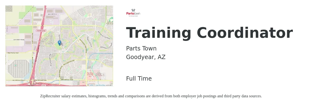 Parts Town job posting for a Training Coordinator in Goodyear, AZ with a salary of $23 to $34 Hourly with a map of Goodyear location.