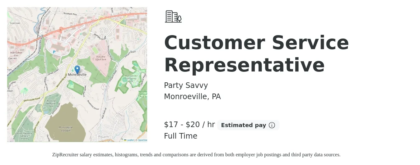 Party Savvy job posting for a Customer Service Representative in Monroeville, PA with a salary of $18 to $21 Hourly with a map of Monroeville location.