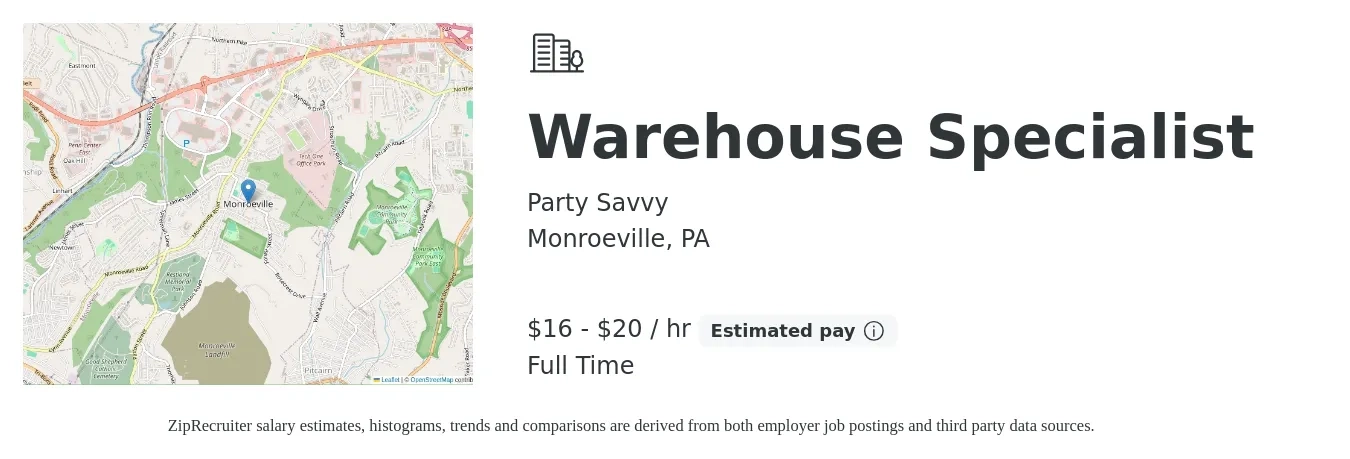 Party Savvy job posting for a Warehouse Specialist in Monroeville, PA with a salary of $17 to $21 Hourly with a map of Monroeville location.