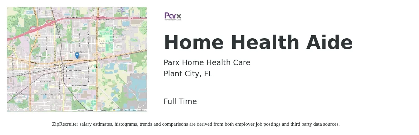 Parx Home Health Care job posting for a Home Health Aide in Plant City, FL with a salary of $13 to $16 Hourly with a map of Plant City location.