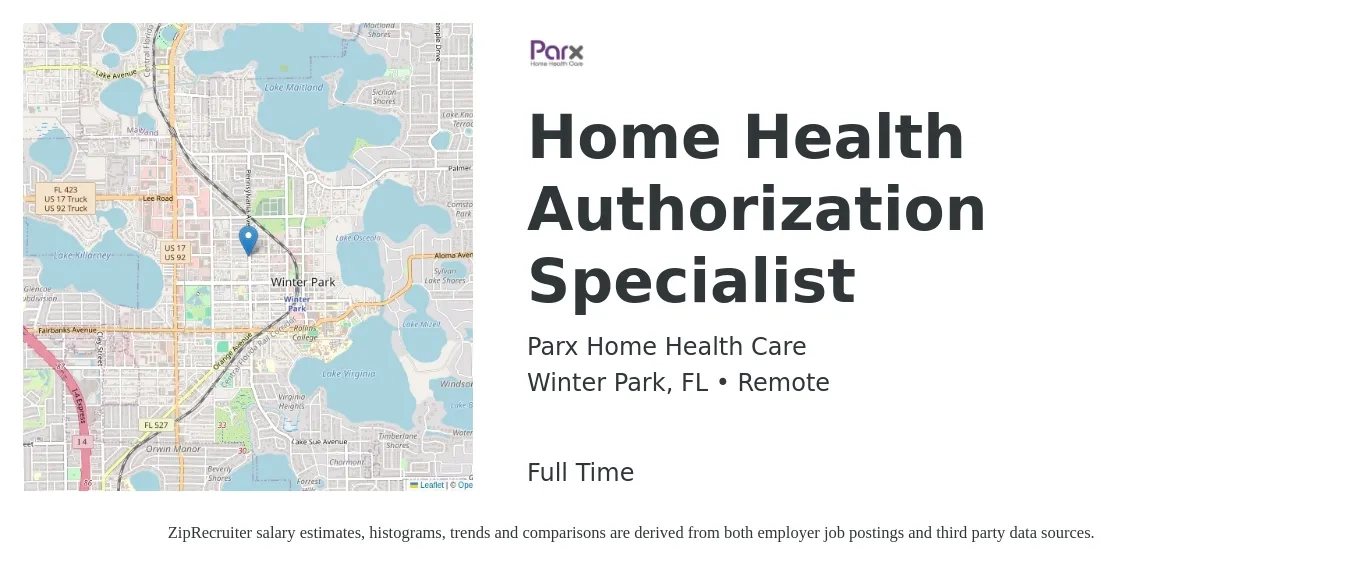 Parx Home Health Care job posting for a Home Health Authorization Specialist in Winter Park, FL with a salary of $17 to $23 Hourly with a map of Winter Park location.