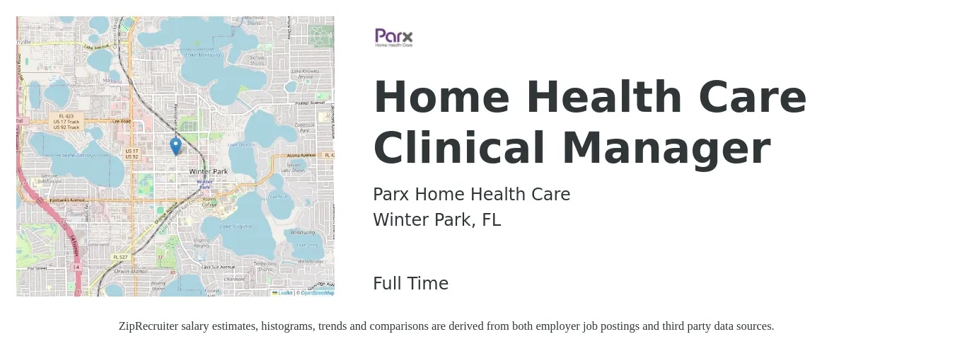Parx Home Health Care job posting for a Home Health Care Clinical Manager in Winter Park, FL with a salary of $66,500 to $80,100 Yearly with a map of Winter Park location.