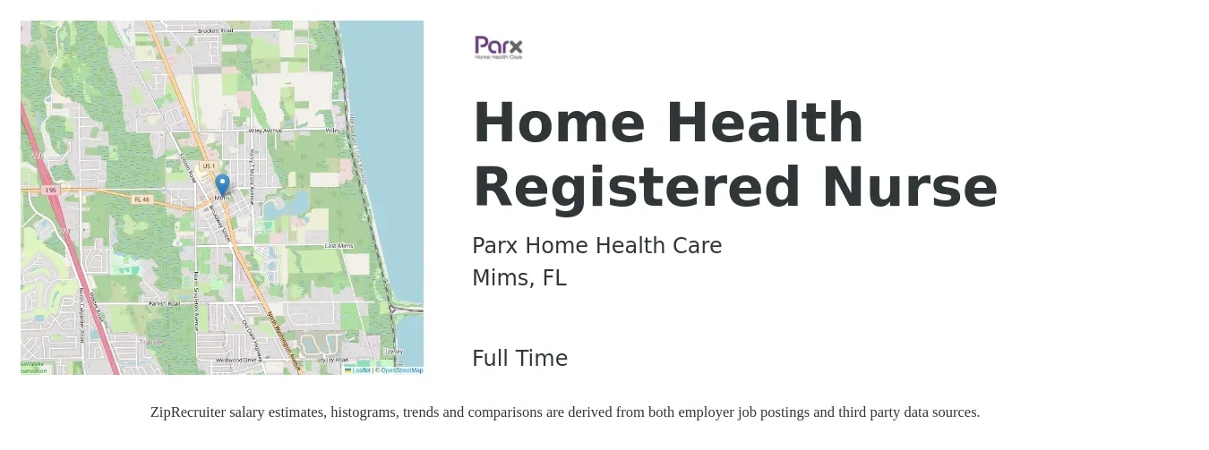 Parx Home Health Care job posting for a Home Health Registered Nurse in Mims, FL with a salary of $1,370 to $2,050 Weekly with a map of Mims location.