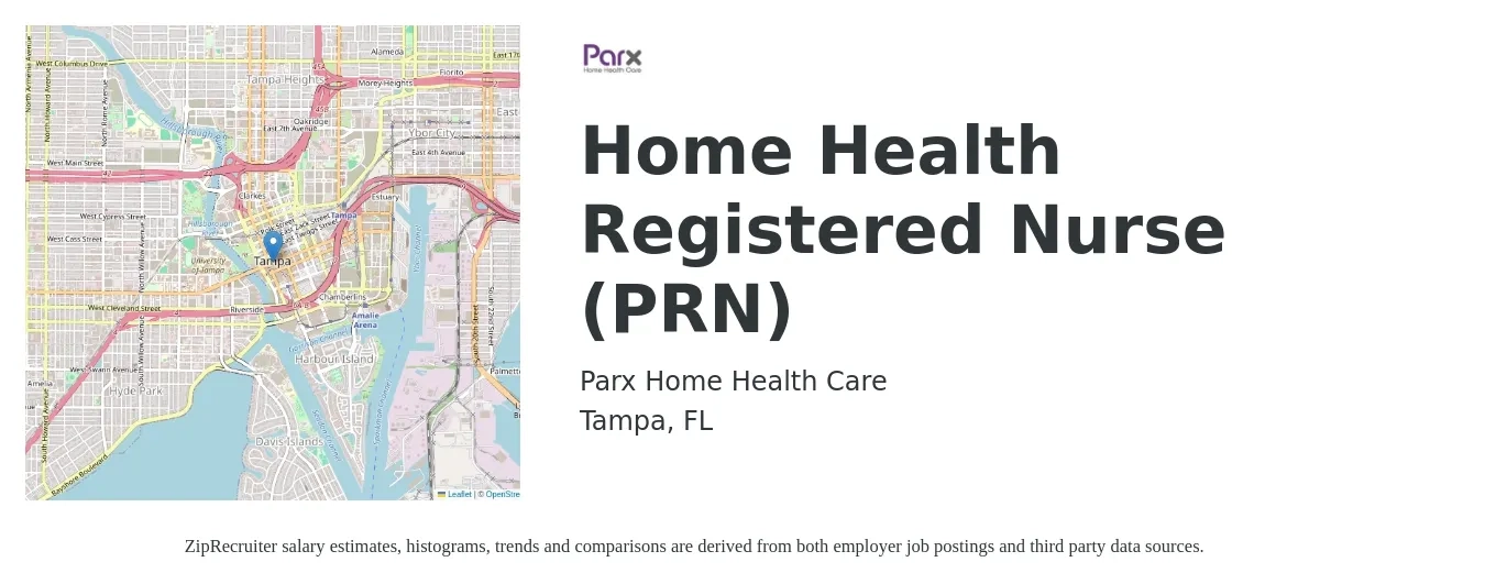 Parx Home Health Care job posting for a Home Health Registered Nurse (PRN) in Tampa, FL with a salary of $1,500 to $2,250 Weekly with a map of Tampa location.
