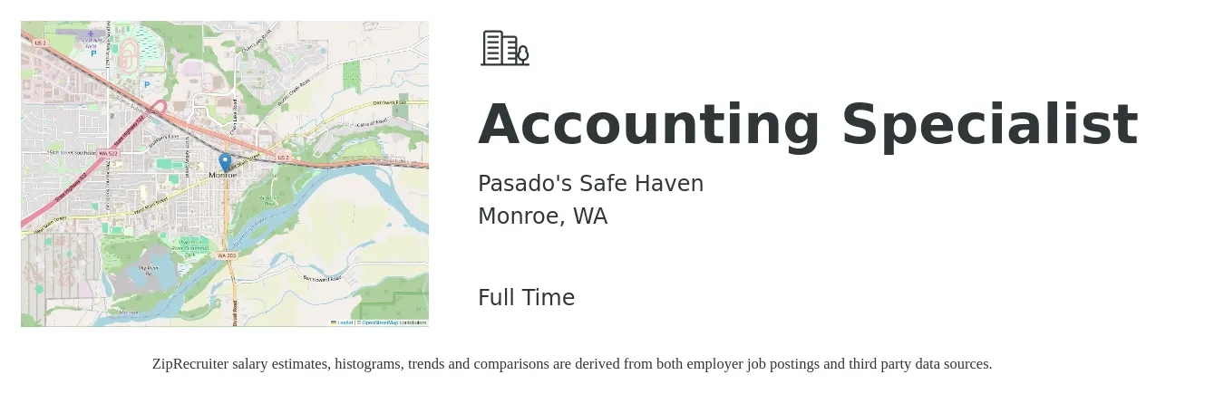 Pasado's Safe Haven job posting for a Accounting Specialist in Monroe, WA with a salary of $22 to $30 Hourly with a map of Monroe location.