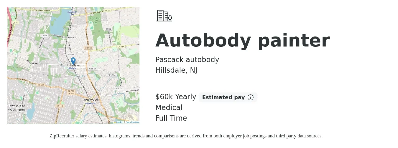 Pascack autobody job posting for a Autobody painter in Hillsdale, NJ with a salary of $60,000 Yearly and benefits including medical with a map of Hillsdale location.