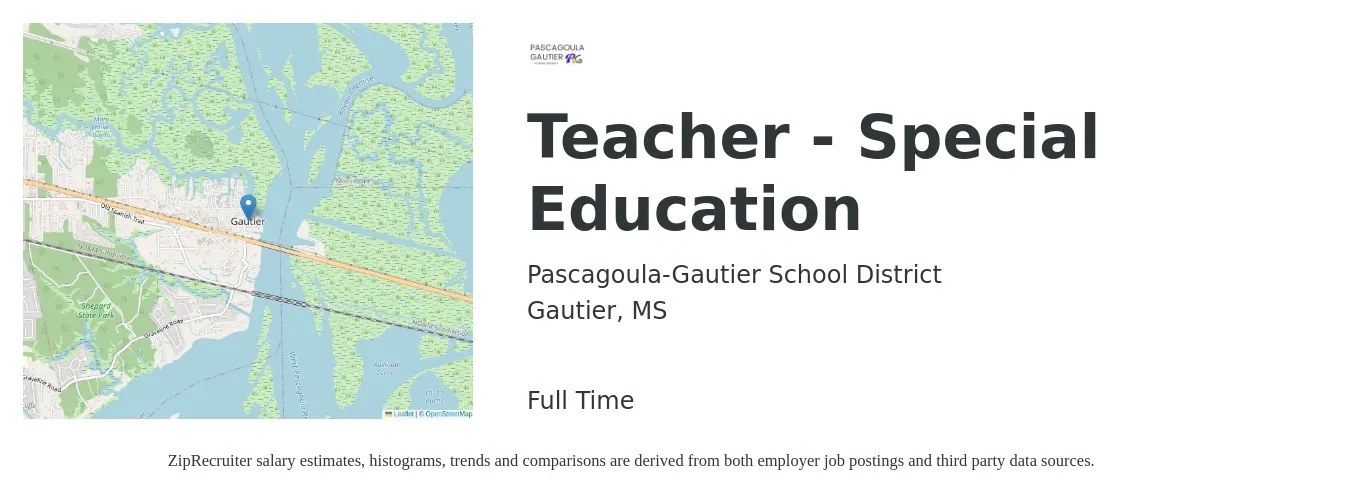 Pascagoula-Gautier School District job posting for a Teacher - Special Education in Gautier, MS with a salary of $48,200 to $63,600 Yearly with a map of Gautier location.