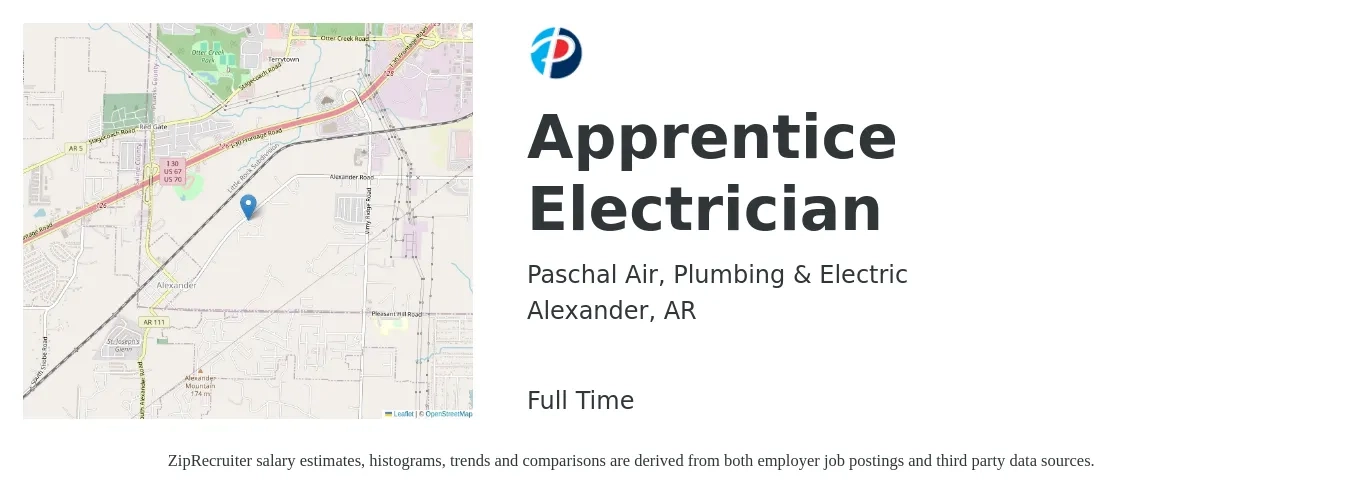 Paschal Air, Plumbing & Electric job posting for a Apprentice Electrician in Alexander, AR with a salary of $18 to $25 Hourly with a map of Alexander location.