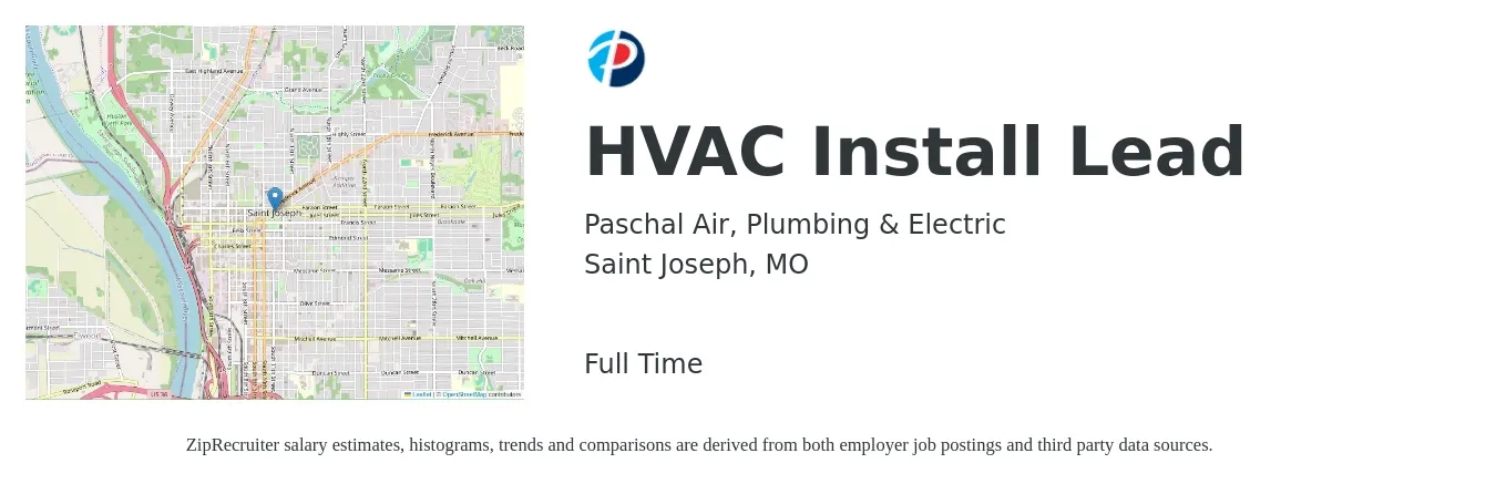 Paschal Air, Plumbing & Electric job posting for a HVAC Install Lead in Saint Joseph, MO with a salary of $21 to $32 Hourly with a map of Saint Joseph location.