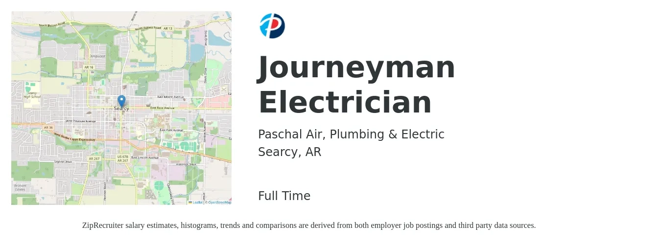 Paschal Air, Plumbing & Electric job posting for a Journeyman Electrician in Searcy, AR with a salary of $24 to $33 Hourly with a map of Searcy location.