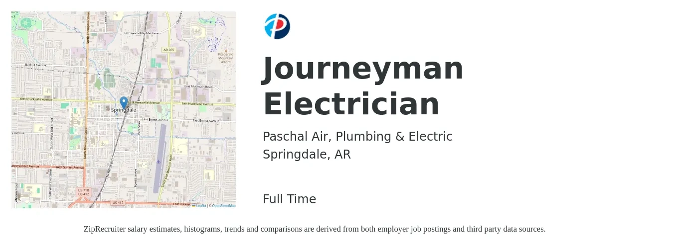 Paschal Air, Plumbing & Electric job posting for a Journeyman Electrician in Springdale, AR with a salary of $24 to $34 Hourly with a map of Springdale location.