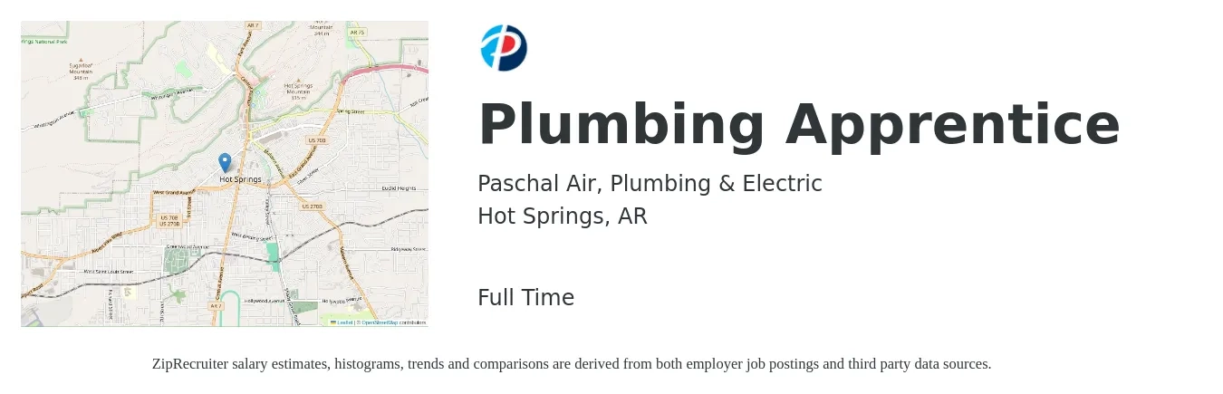 Paschal Air, Plumbing & Electric job posting for a Plumbing Apprentice in Hot Springs, AR with a salary of $14 to $19 Hourly with a map of Hot Springs location.