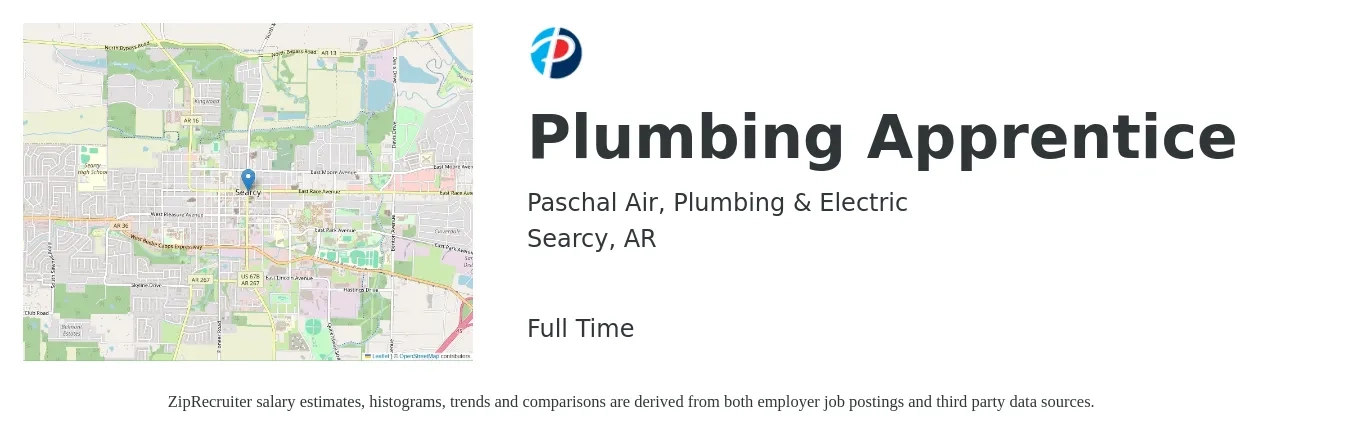 Paschal Air, Plumbing & Electric job posting for a Plumbing Apprentice in Searcy, AR with a salary of $15 to $20 Hourly with a map of Searcy location.