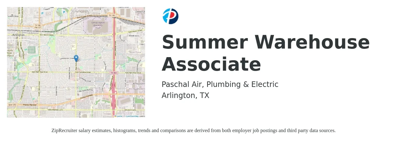 Paschal Air, Plumbing & Electric job posting for a Summer Warehouse Associate in Arlington, TX with a salary of $14 to $17 Hourly with a map of Arlington location.