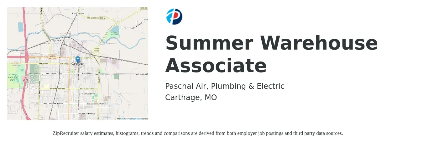 Paschal Air, Plumbing & Electric job posting for a Summer Warehouse Associate in Carthage, MO with a salary of $14 to $16 Hourly with a map of Carthage location.