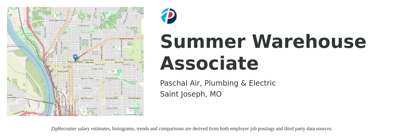Paschal Air, Plumbing & Electric job posting for a Summer Warehouse Associate in Saint Joseph, MO with a salary of $16 to $18 Hourly with a map of Saint Joseph location.