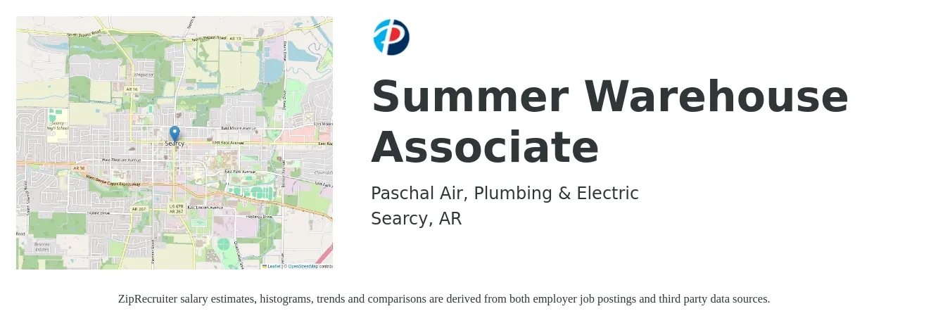 Paschal Air, Plumbing & Electric job posting for a Summer Warehouse Associate in Searcy, AR with a salary of $14 to $16 Hourly with a map of Searcy location.