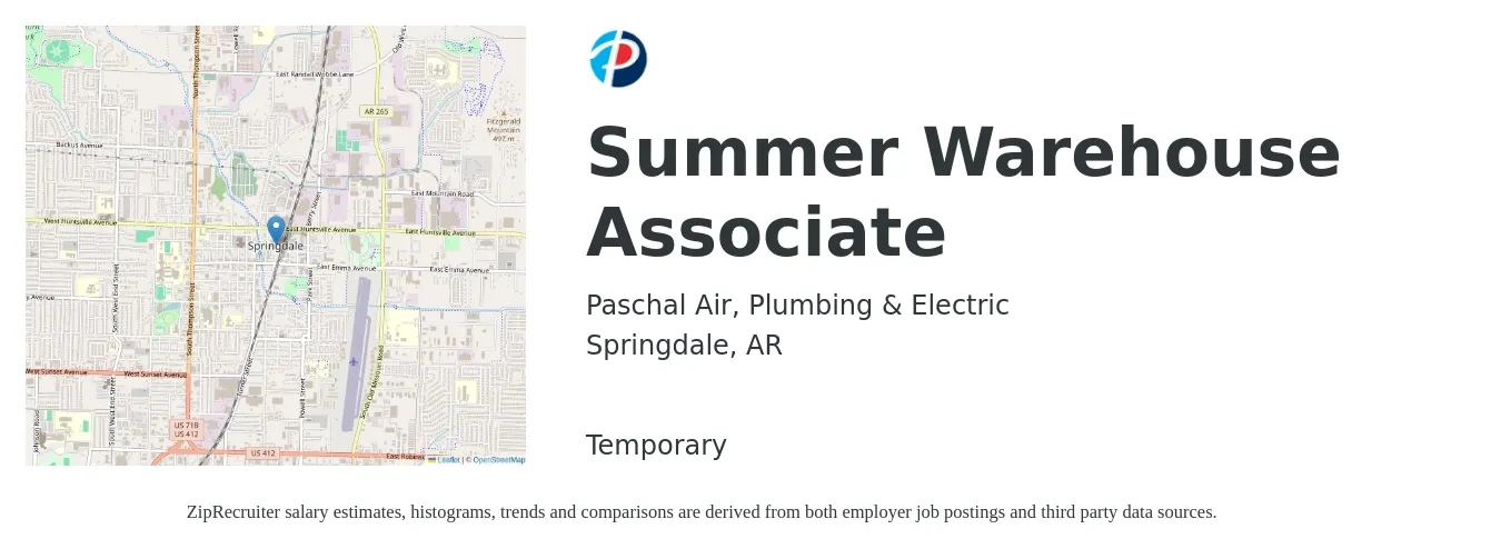 Paschal Air, Plumbing & Electric job posting for a Summer Warehouse Associate in Springdale, AR with a salary of $14 to $17 Hourly with a map of Springdale location.